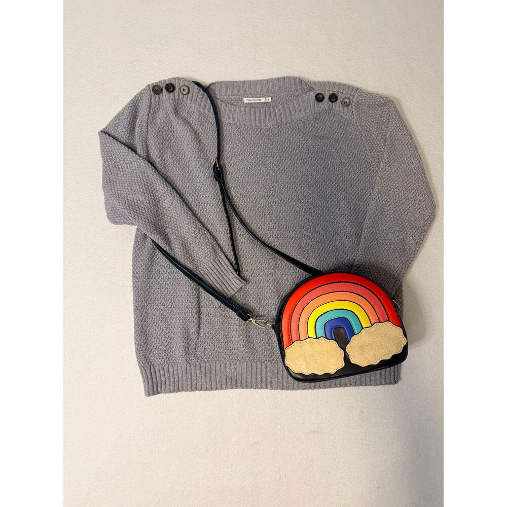 Pink Clover Gray Textured Knit Button Shoulder Sweater